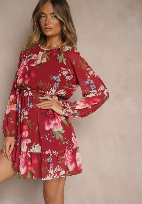 Bordowa Rozkloszowana Sukienka Ozdobiona Kwiatowym Wzorem Zerovia