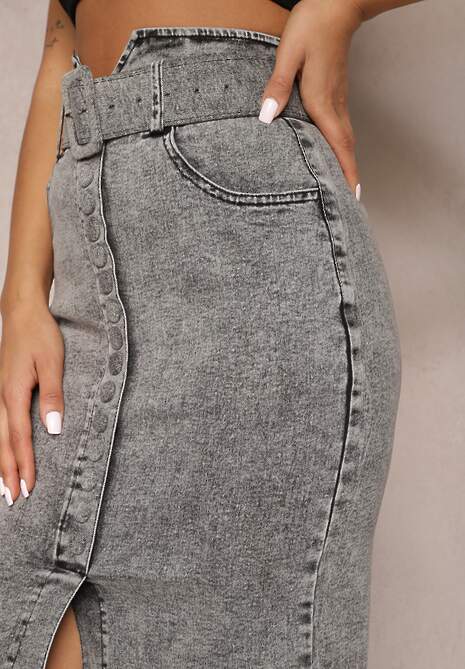 Szara Jeansowa Spódnica Ołówkowa Midi z Guzikami i Rozcięciem Jackiesa