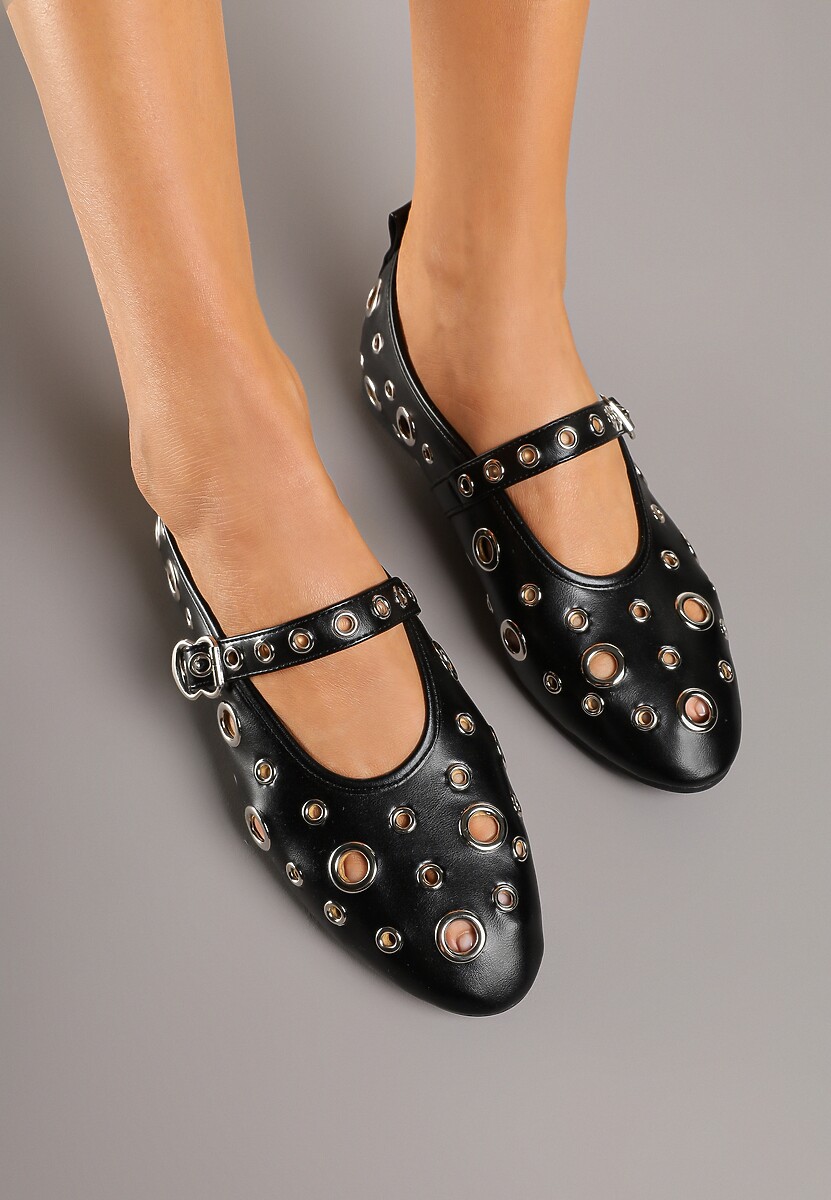 Czarne Balerinki Ozdobione Paskiem i Metalicznymi Aplikacjami Erathira