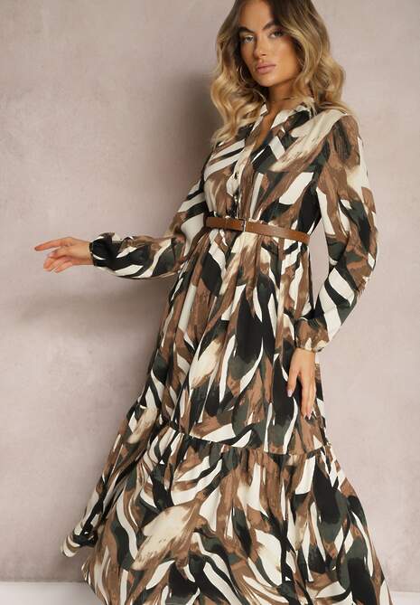 Beżowo-Brązowa Rozkloszowana Sukienka o Koszulowym Fasonie w Abstrakcyjny Print Asequa