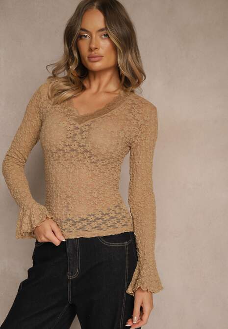 Beżowa Bluzka Longsleeve z Koronki z Falbankami przy Rękawach Isonea
