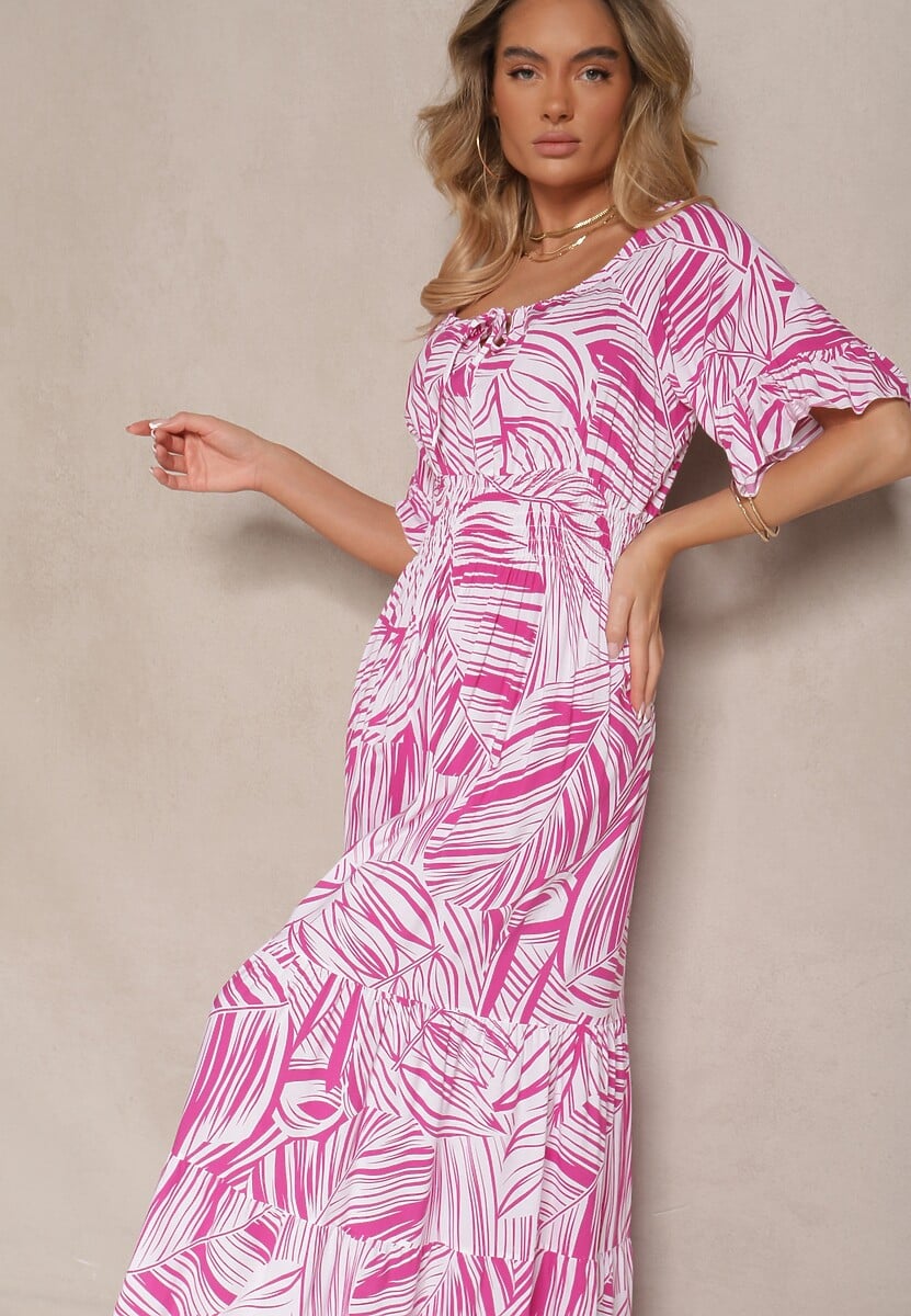 Różowa Sukienka z Bawełny o Rozkloszowanym Kroju z Motywem Liści Aluielle