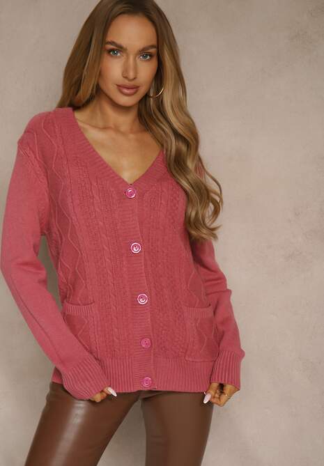 Ciemnoróżowy Kardigan z Bawełną i Tłoczonym Wzorem Reisina