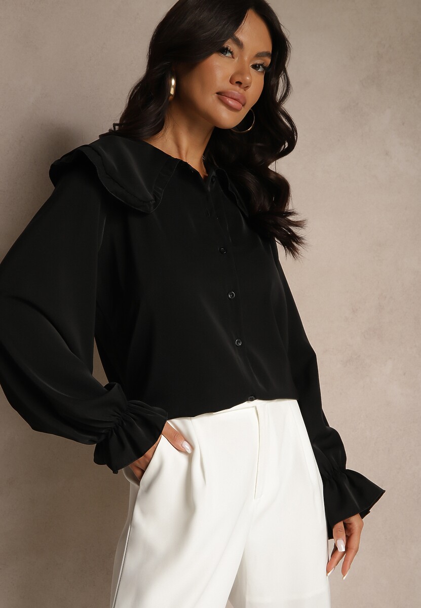 Czarna Koszula Ozdobiona Falbankami i Kołnierzykiem Evirana