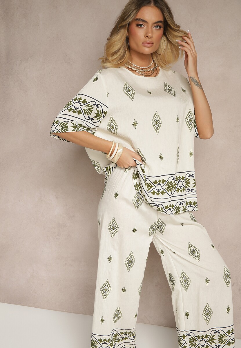 Beżowo-Ciemnozielony Komplet z Wiskozy w Etniczny Wzór Szerokie Spodnie i T-shirt Sarivianne
