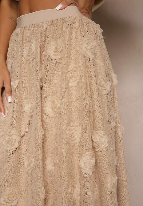 Beżowa Tłoczona Spódnica o Rozkloszowanym Kroju z Gumką w Pasie Folunetta