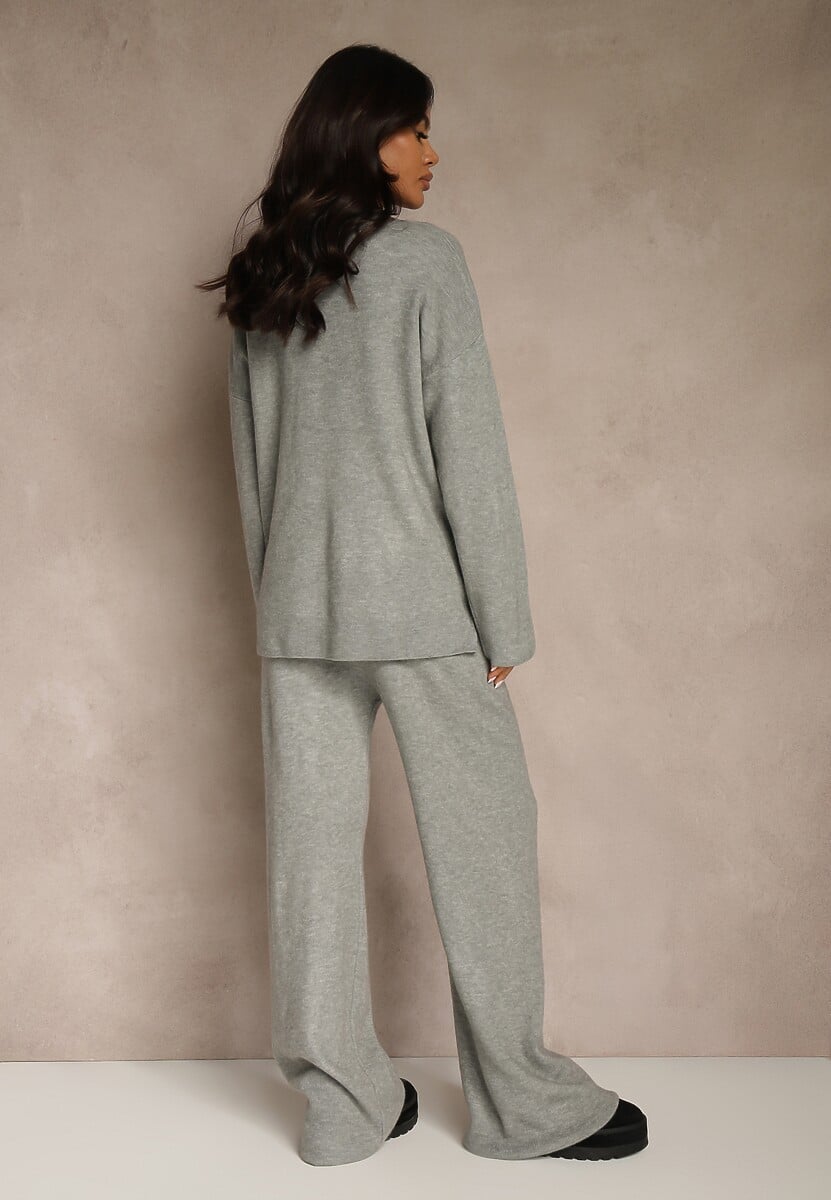 Szary Komplet Oversize z Dzianiny z Wełną Sweter i Szerokie Spodnie Alenria