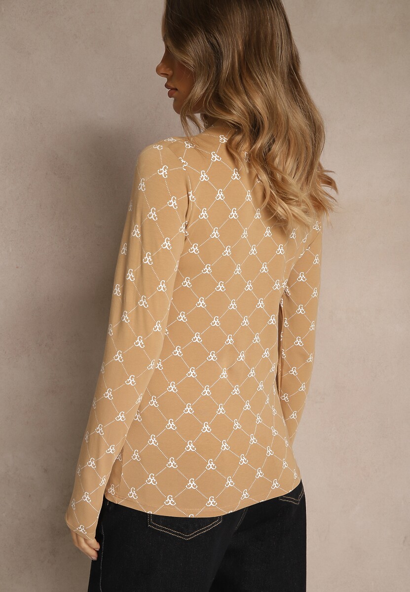 Beżowa Bluzka Longsleeve Półgolf z Bawełny Ozdobiona Geometrycznym Nadrukiem Zantila