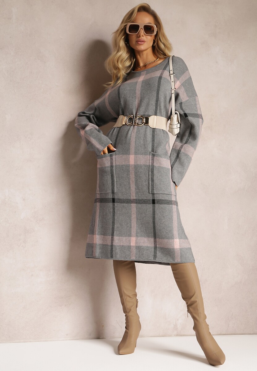 Szara Midi Sukienka w Kratę z Kieszeniami o Pudełkowym Fasonie Bamira