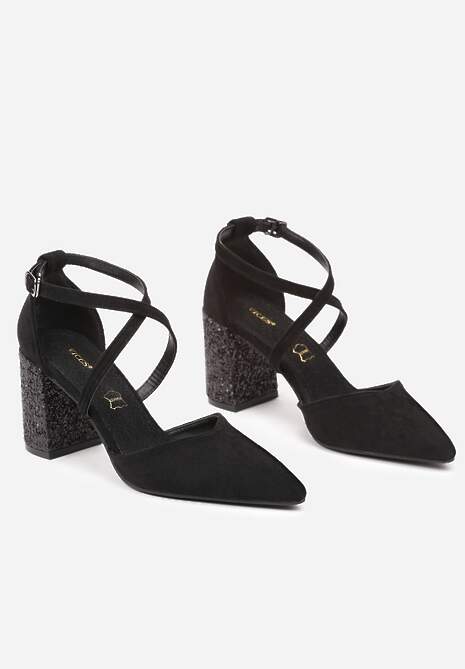 Czarne Czółenka Vices na Słupku ze Skórzaną Wkładką na Brokatowym Obcasie Ozdobione Paskami Learelia