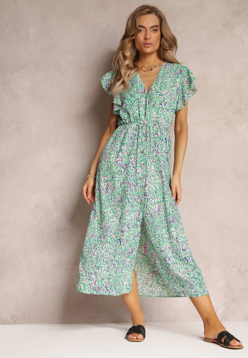 Zielona Sukienka Maxi z Błyszczącą Nitką i Gumką w Talii Phike