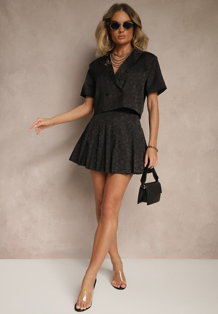 Czarny Komplet z Wiskozy Plisowana Spódnica z Szortami i Krótka Bluzka Nilistta
