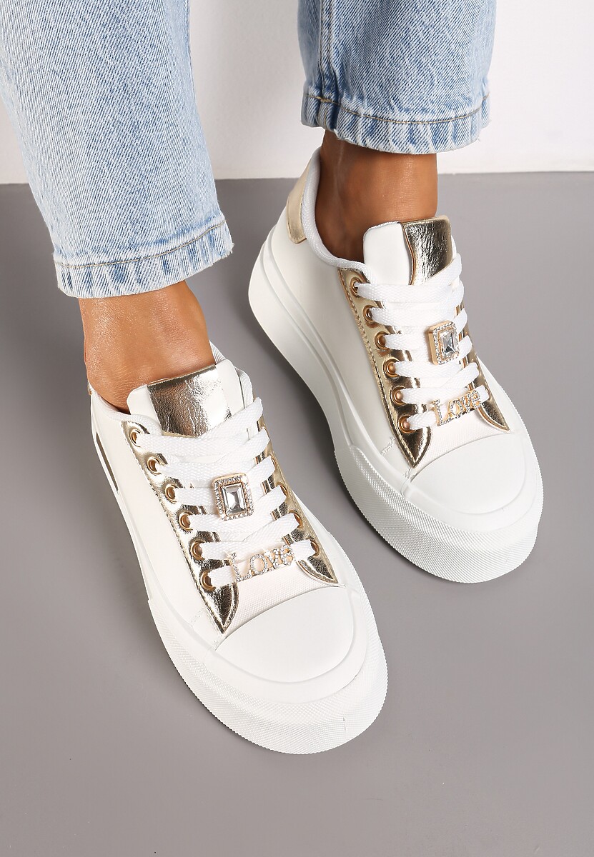 Białe Casualowe Sneakersy na Platformie Ozdobione Cyrkoniami i Metalicznymi Wstawkami Primaria