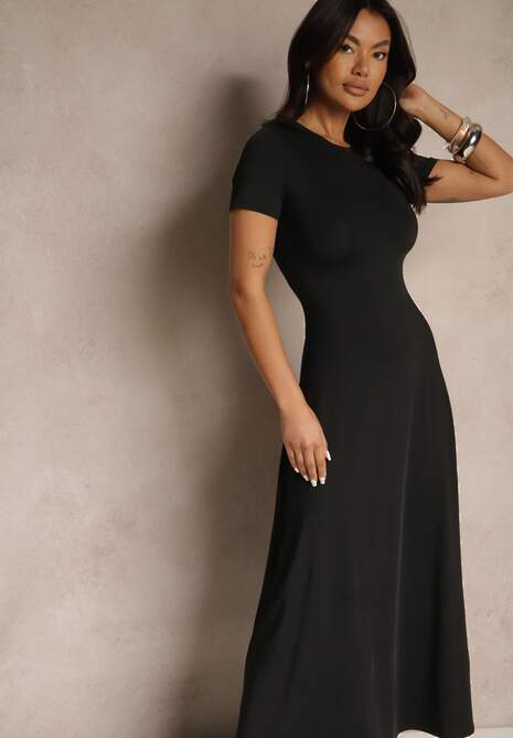 Czarna Taliowana Sukienka z Krótkim Rękawem Liranisea