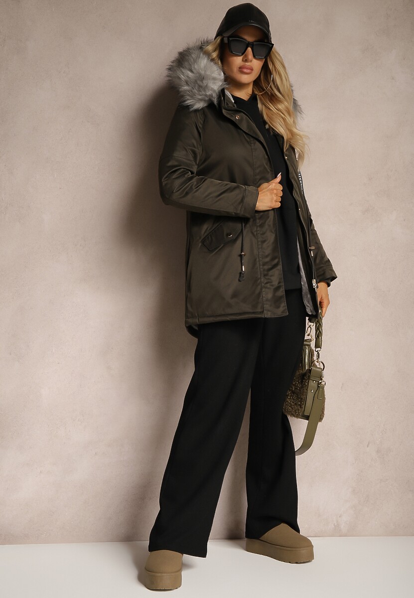 Zielono-Szara Kurtka Parka z Kapturem i Futrzanym Obszyciem z Możliwością Odpięcia Inaveira