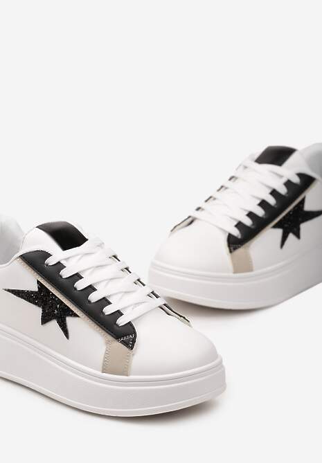 Biało-Czarne Sneakersy na Platformie Ozdobione Gwiazdką z Brokatem Nislemia