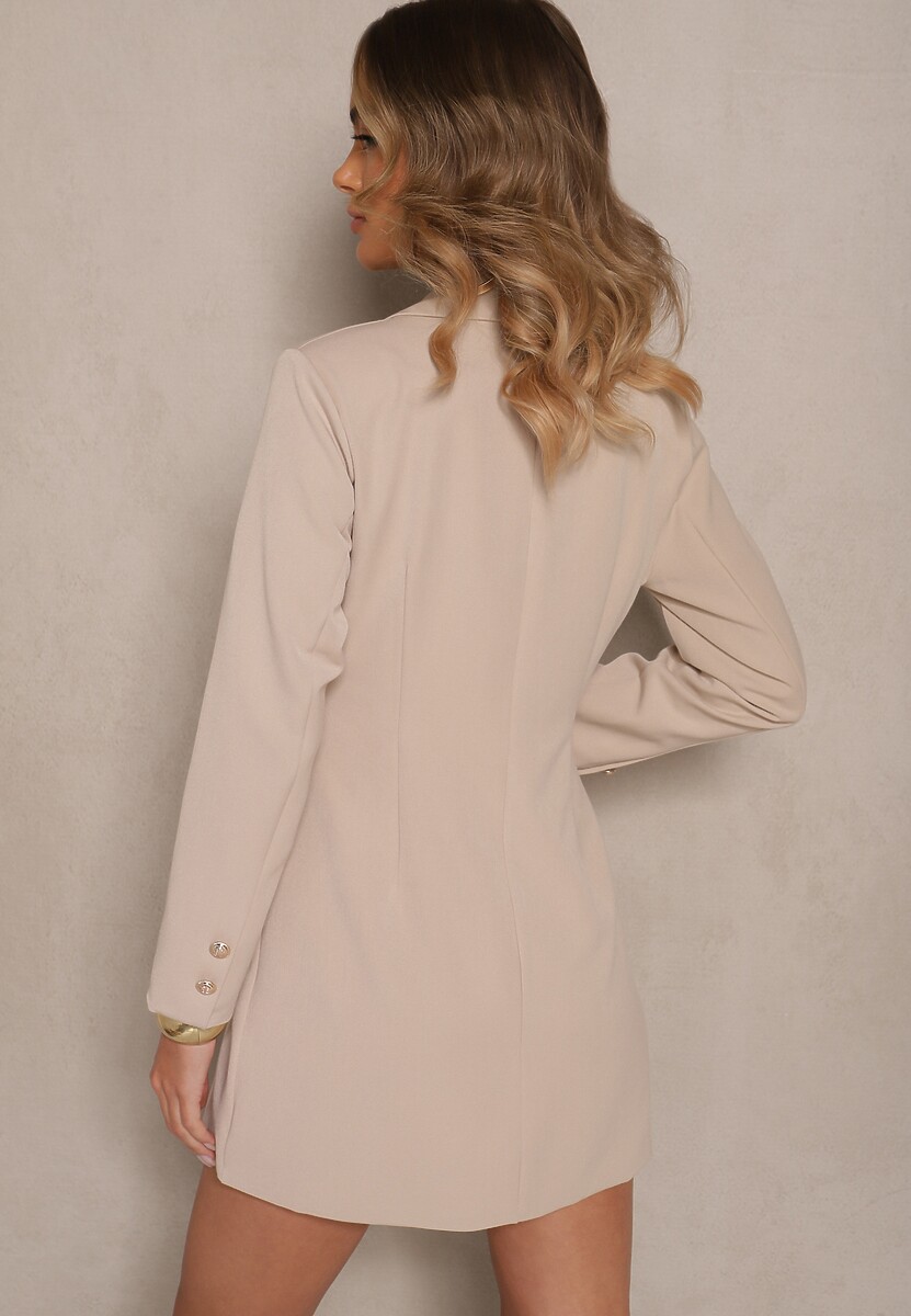 Beżowa Marynarkowa Sukienka z Wiskozą o Taliowanym Kroju z Ozdobnymi Guzikami Boniyana