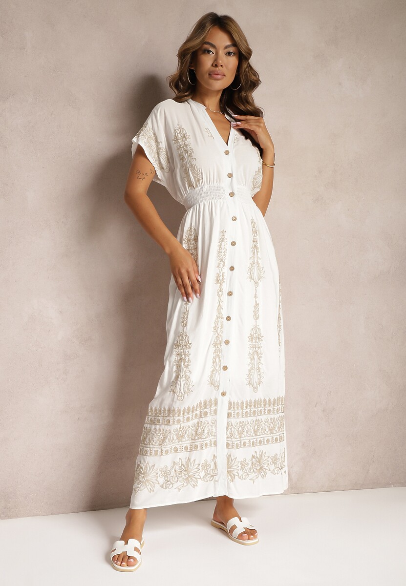 Biała Koszulowa Sukienka z Bawełną i Gumkami w Talii Zapinana na Guziki Fosofia