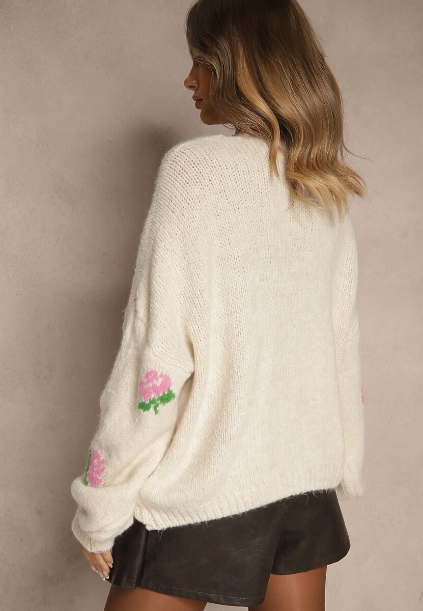 Jasnobeżowy Oversizowy Kardigan z Dodatkiem Wełny w Kwiaty Nelenesa