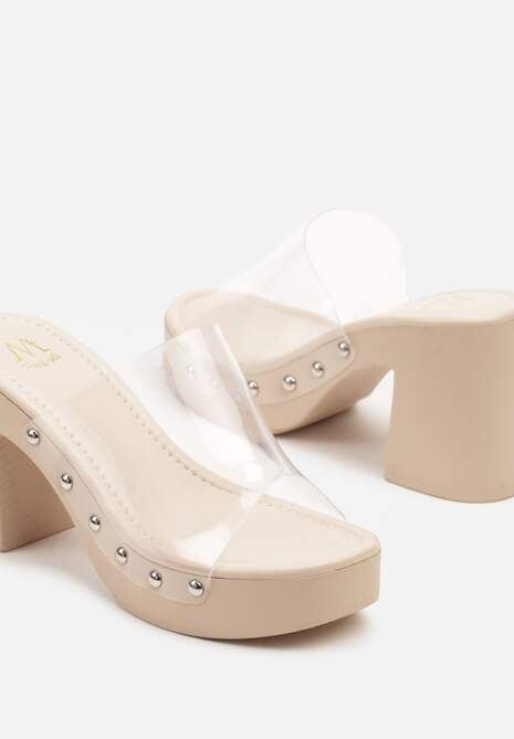 Beżowe Transparentne Klapki na Obcasie i Platformie z Nitami Rivfia