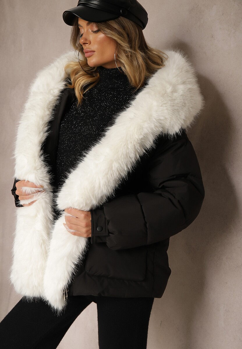 Jasnobeżowa Kurtka Pikowana z Kapturem i Odpinanymi Futerkowymi Wstawkami Izafera