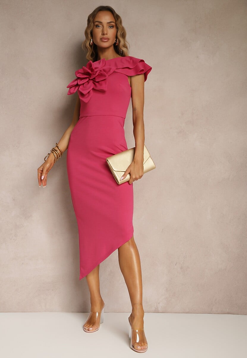 Fuksjowa Koktajlowa Asymetryczna Sukienka Vices z Kwiatem 3D i Falbankami Tolelira
