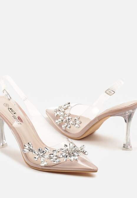 Beżowe Transparentne Sandały Szpilki Slingback Ozdobione Cyrkoniami Avelsemi