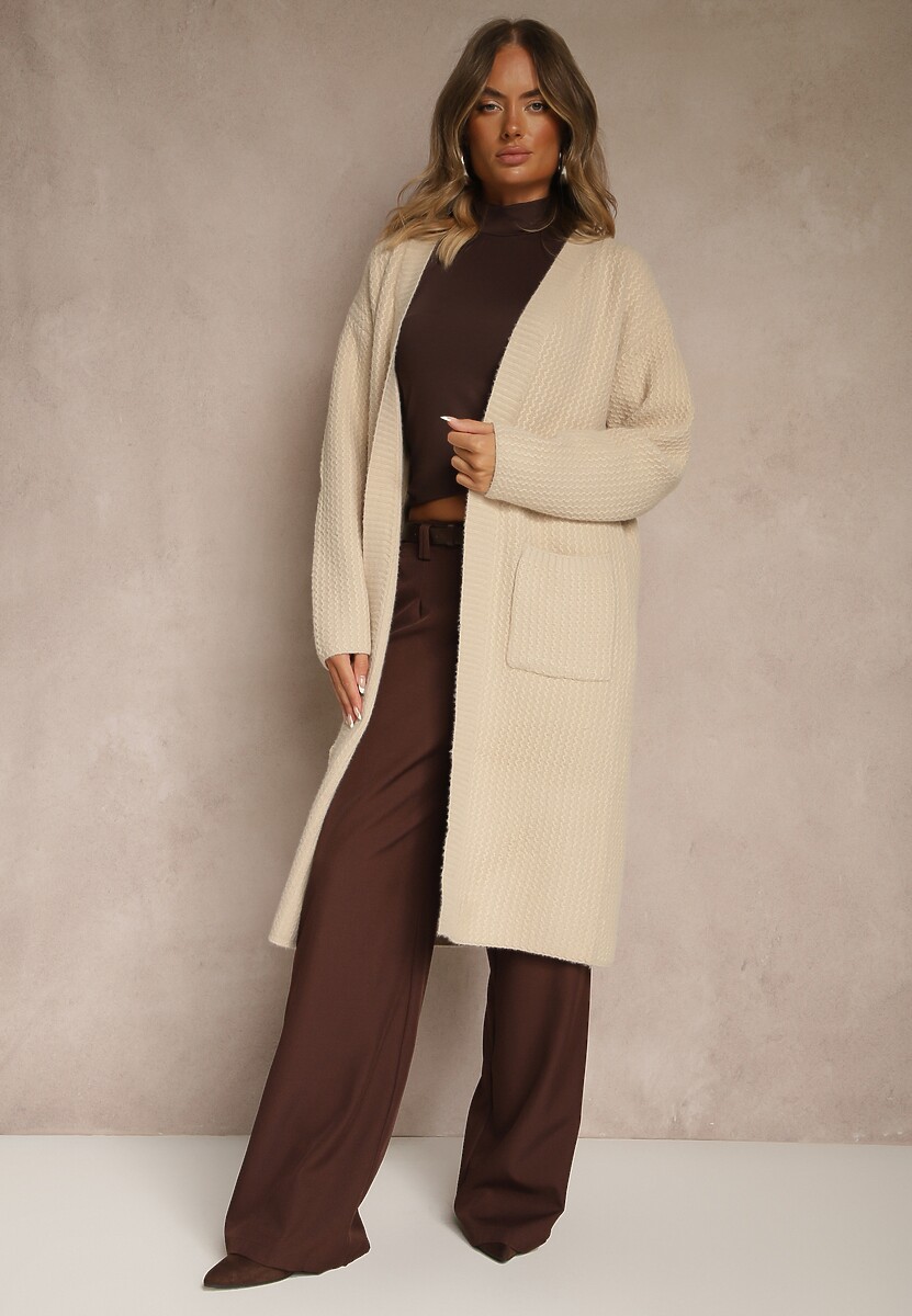 Szary Długi Kardigan Niezapinany z Bawełną Ferrive