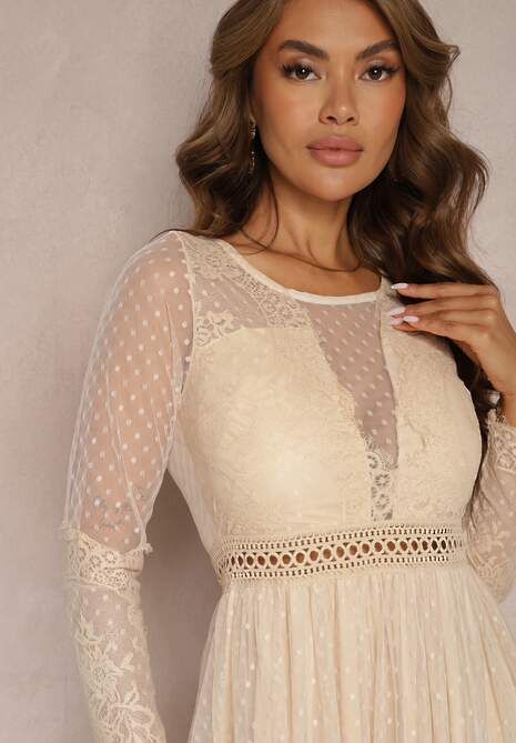 Ciemnobeżowa Rozkloszowana Sukienka Maxi z Koronkowymi Wstawkami i Tiulem Kollla