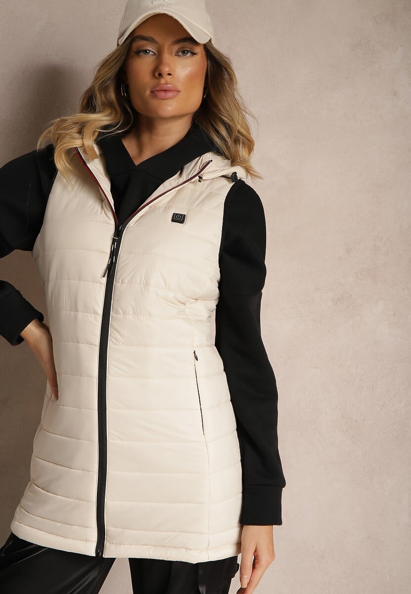 Ciemnoróżowa Taliowana Kamizelka z Pikowanym Przeszyciem z Kapturem z Możliwością Odpięcia Inadorae