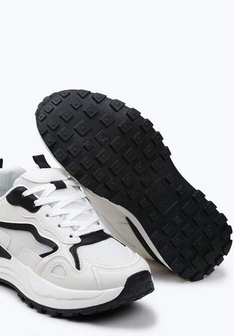 Beżowo-Czarne Sneakersy na Niskiej Platformie z Siateczką z Ozdobnymi Wstawkami Lelphine