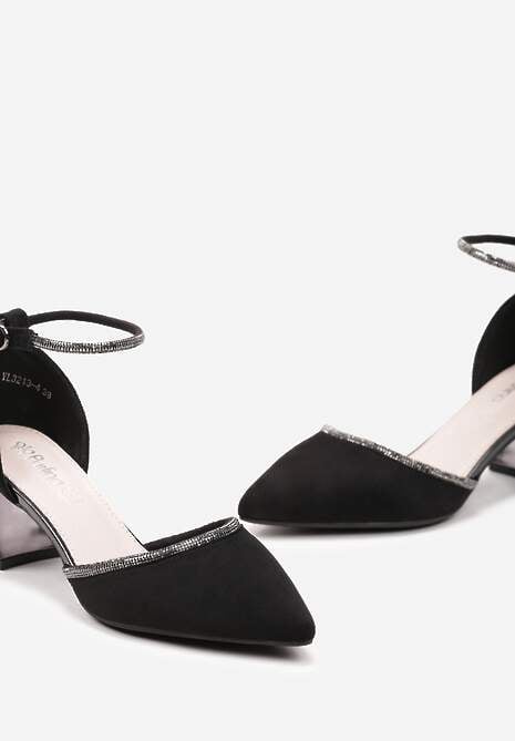 Czarne Czółenka na Słupku z Cyrkoniami i Sprzączką Arilda