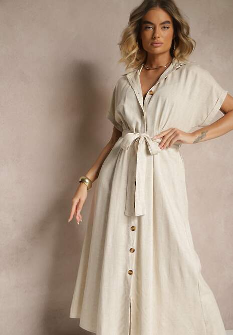 Beżowa Sukienka Koszulowa z Wiskozą i Lnem Ozdobiona Paskiem Lunie