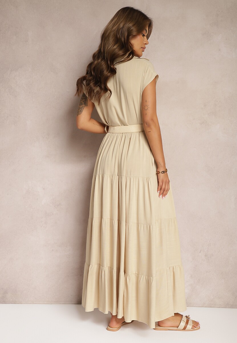 Beżowa Taliowana Sukienka z Wiskozy o Rozkloszowanym Koszulowym Kroju Nemvia