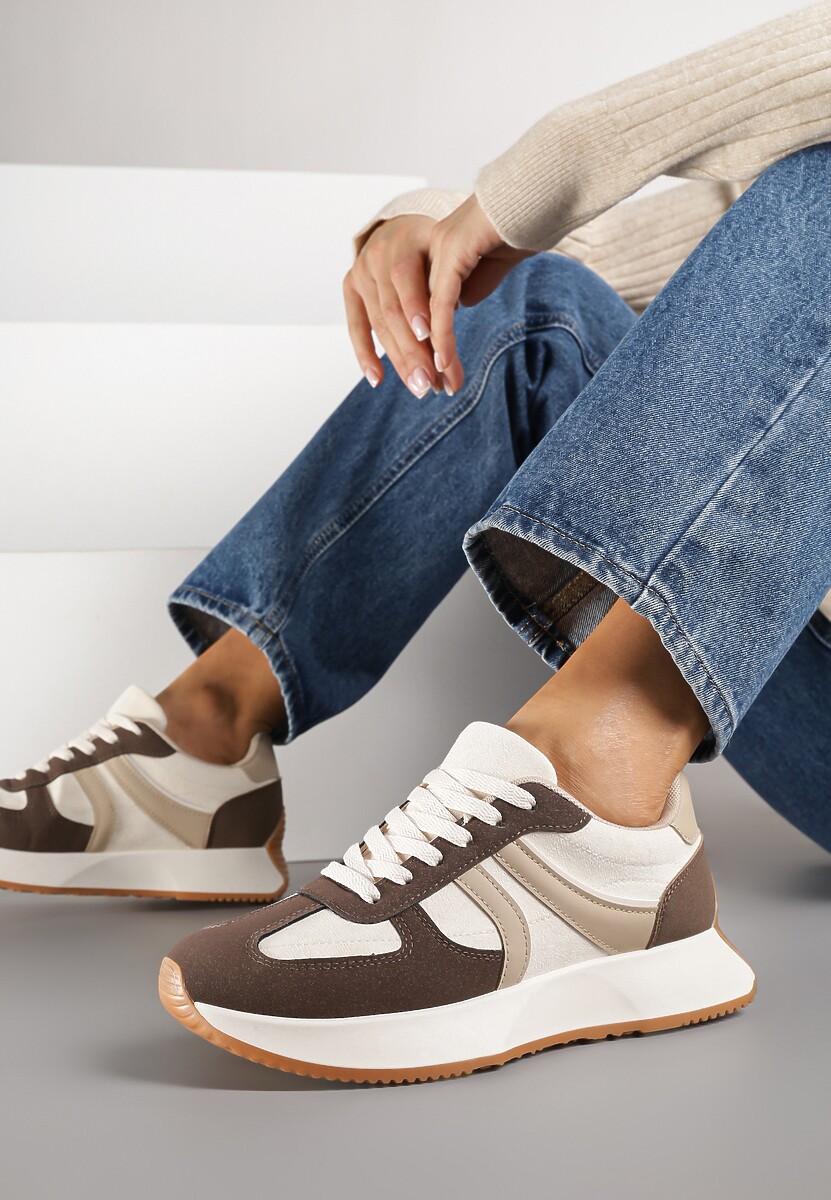 Brązowe Sneakersy z Geometrycznym Wzorem Velwettia