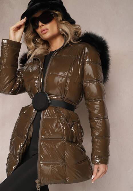 Ciemnobrązowa Kurtka Błyszcząca z Paskiem z Saszetką Phelle