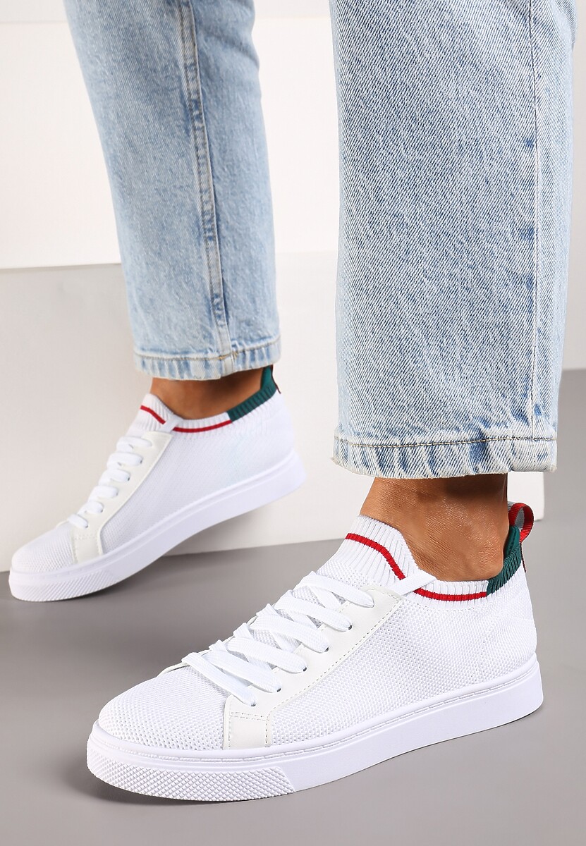 Biało-Zielone Płaskie Sneakersy Wsuwane z Imitacji Skóry ze Sznurowaniami Gaxia