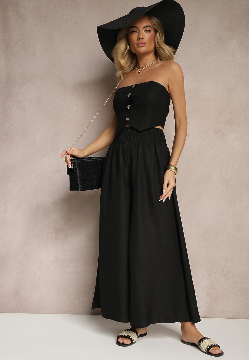 Czarne Szerokie Spodnie High Waist z Szeroką Gumą w Pasie Korissele