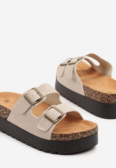 Beżowe Klapki na Platformie z Korka Ozdobione Klamrami Ravilisse