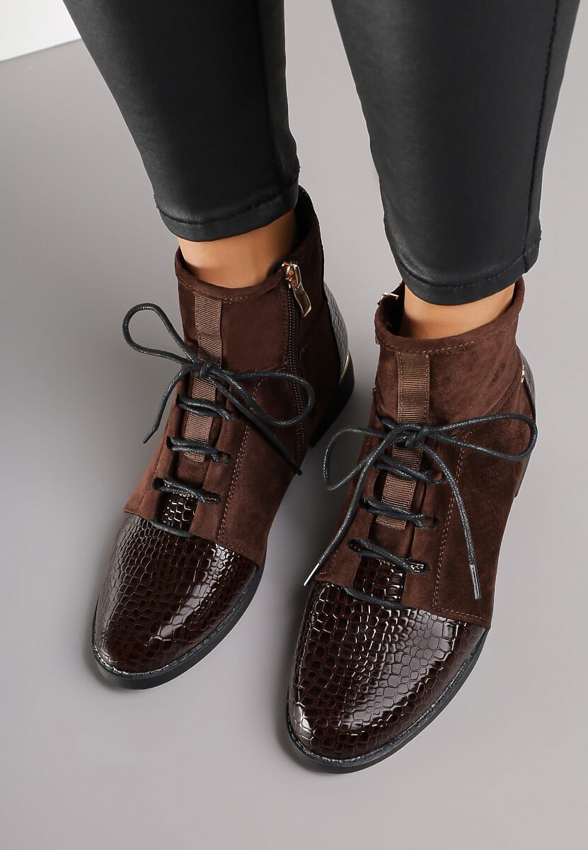 Brązowe Botki Trzewiki Vices Ozdobione Lakierowanymi Elementami Afridde