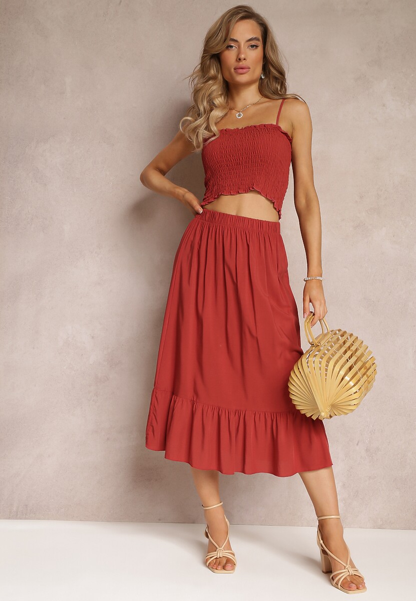 Czerwony 2-częściowy Komplet Bawełniany Top na Ramiączkach i Spódnica z Gumką w Talii Tirasa
