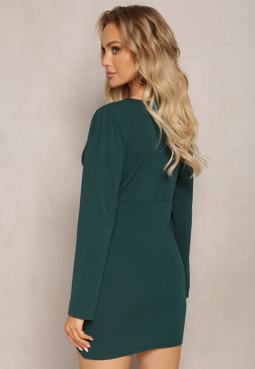 Ciemnozielona Taliowana Sukienka Mini z Ozdobnym Drapowaniem Okka