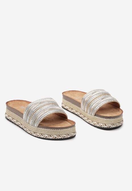 Złote Klapki na Niskiej Platformie z Korkiem i Plecionką Iines