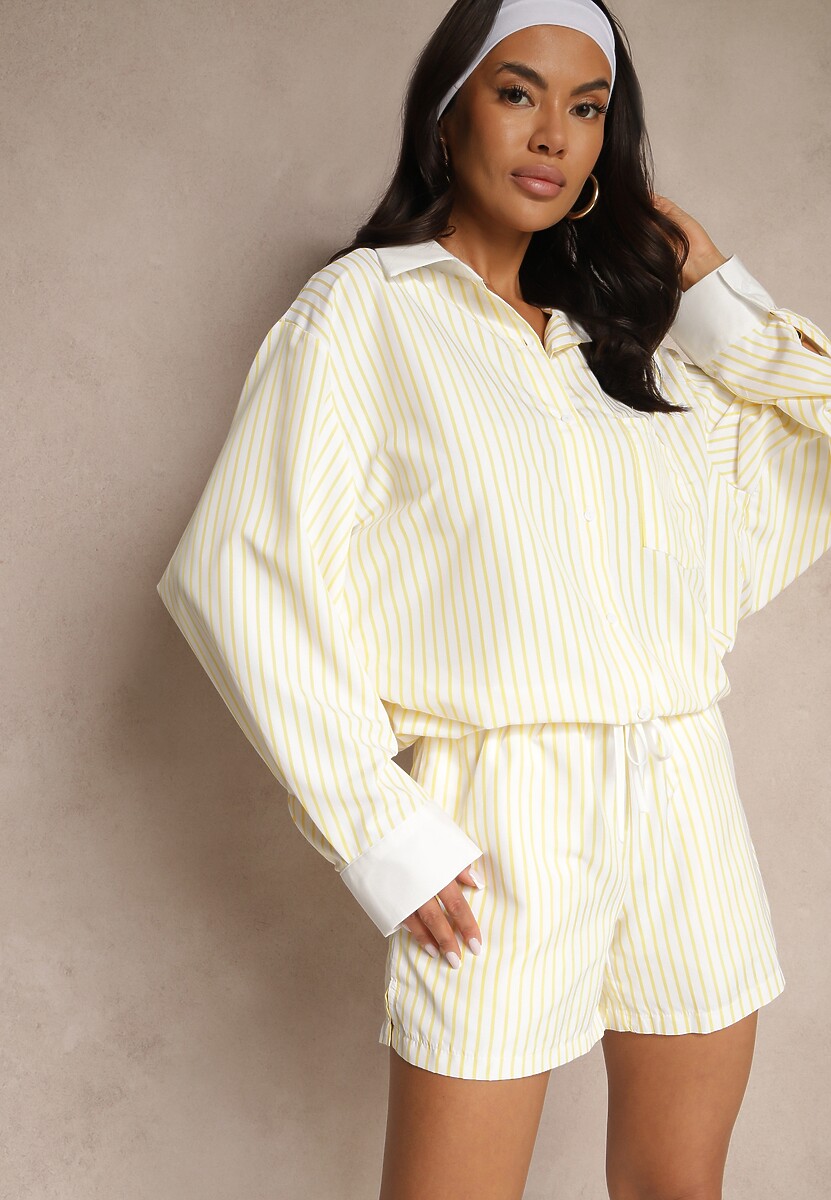 Żółta Koszula Ozdobiona Kieszonką i Paskami Zarindia