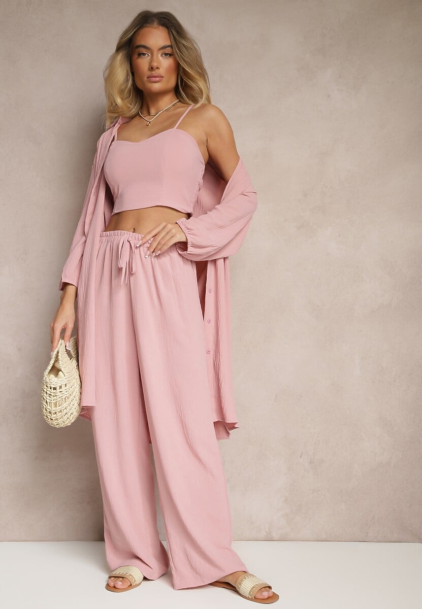 Ciemnoróżowy Komplet Spodnie z Gumką w Pasie Top i Długa Koszula Arives