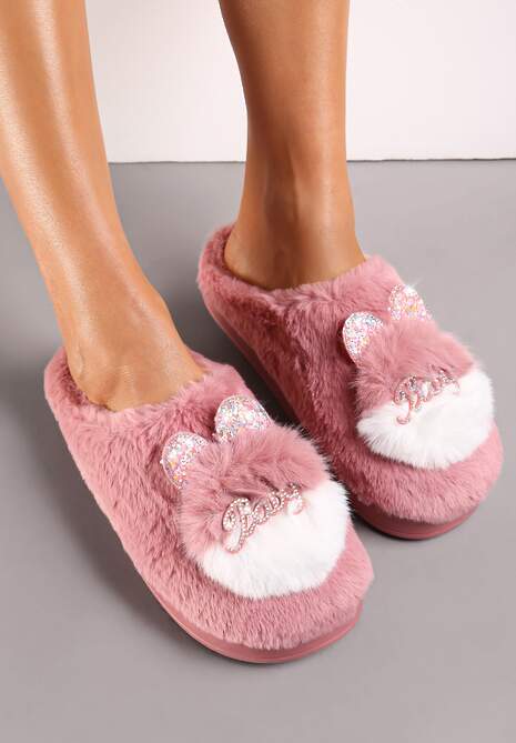 Ciemnoróżowe Płaskie Kapcie z Aplikacją 3D w Kształcie Króliczka Munere