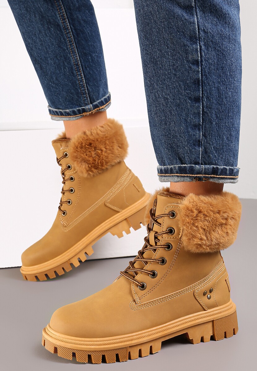 Jasnobrązowe Traperki Sznurowane z Futerkiem Vishe