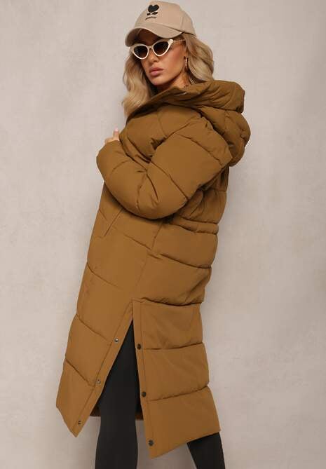 Brązowa Długa Kurtka Płaszcz z Pikowaniem oraz Kapturem Madirre