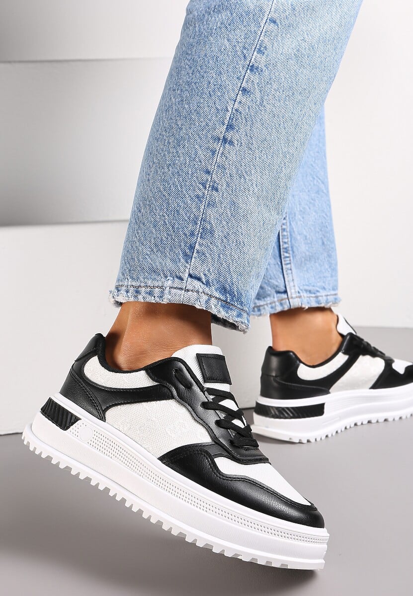 Czarne Sznurowane Sneakersy z Brokatem  na Grubej Podeszwie z Wycięciami Amena