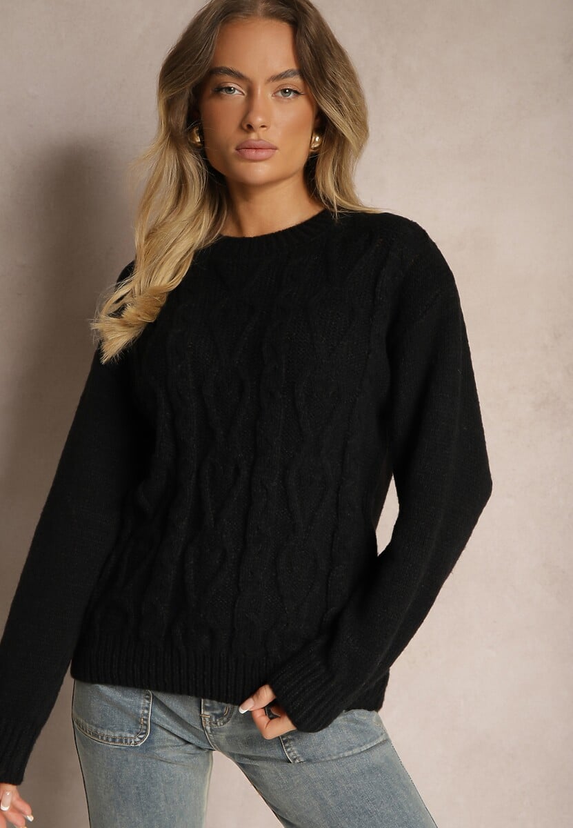 Szary Sweter z Wełną Ozdobnym Splotem i Ściągaczem Nariae